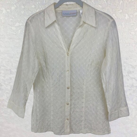 Liz Claiborne First Issue White Lace V-Neck Long Sleeve Button-Up Blouse Size M - Picture 1 of 9